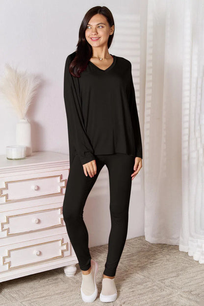Soft Rayon Long Sleeve Top and Basic Bae Full Size V-Neck d Pants Lounge Set-Apparel & Accessories-Evelyns Fashion