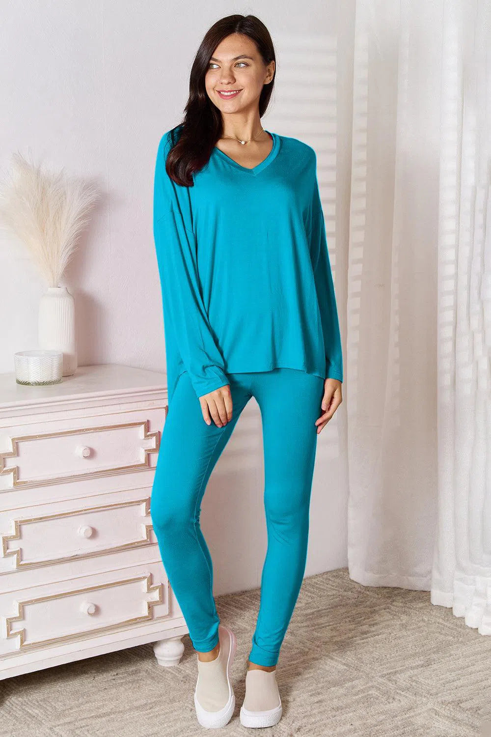 Soft Rayon Long Sleeve Top and Basic Bae Full Size V-Neck d Pants Lounge Set-Apparel & Accessories-Evelyns Fashion