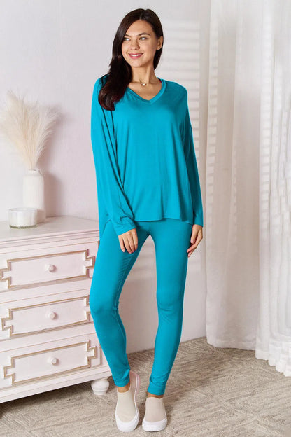 Soft Rayon Long Sleeve Top and Basic Bae Full Size V-Neck d Pants Lounge Set-Apparel & Accessories-Evelyns Fashion