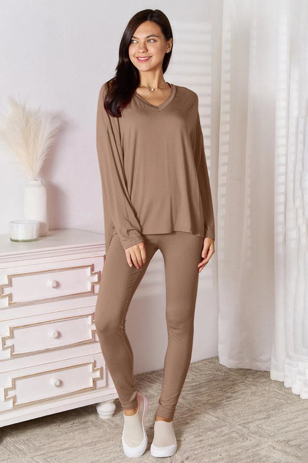 Soft Rayon Long Sleeve Top and Basic Bae Full Size V-Neck d Pants Lounge Set-Apparel & Accessories-Evelyns Fashion