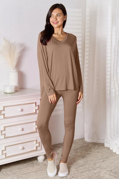 Soft Rayon Long Sleeve Top and Basic Bae Full Size V-Neck d Pants Lounge Set-Apparel & Accessories-Evelyns Fashion