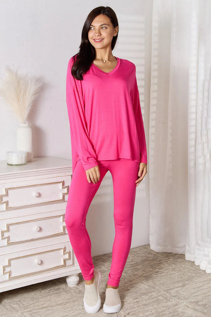 Soft Rayon Long Sleeve Top and Basic Bae Full Size V-Neck d Pants Lounge Set-Apparel & Accessories-Evelyns Fashion