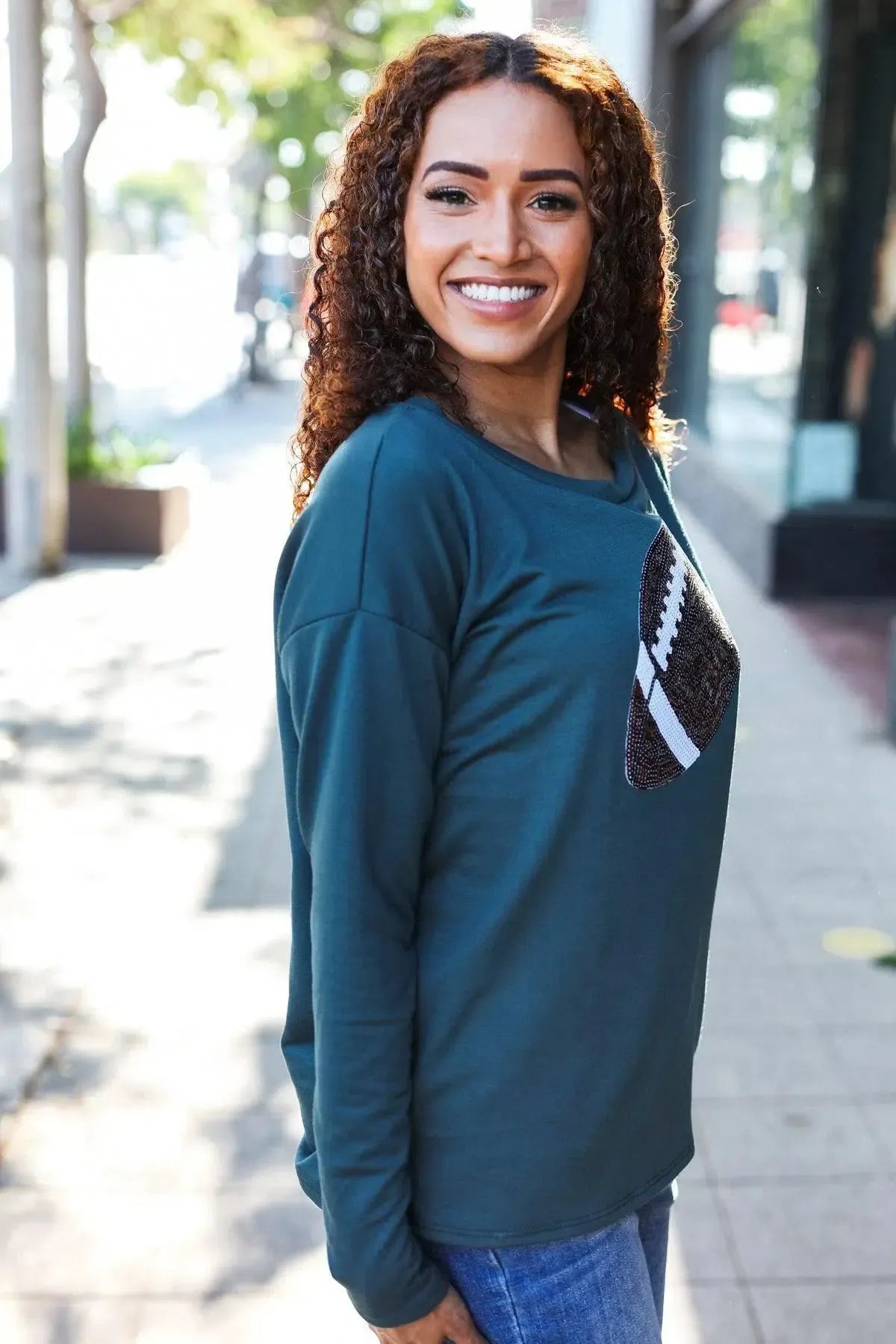 Sparkle & Cheer: Game Day Forest Green Sequin Football Terry Top-2024 Blow-Out Sale-Evelyns Fashion