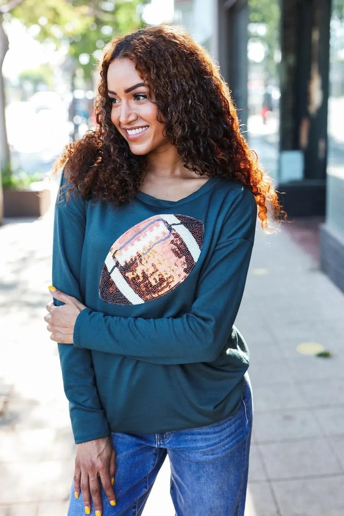 Sparkle & Cheer: Game Day Forest Green Sequin Football Terry Top-2024 Blow-Out Sale-Evelyns Fashion