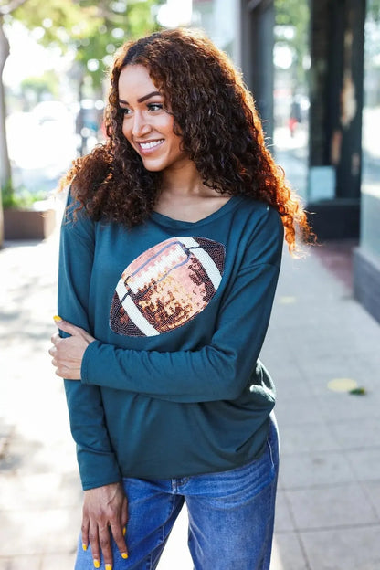 Sparkle & Cheer: Game Day Forest Green Sequin Football Terry Top-2024 Blow-Out Sale-Evelyns Fashion