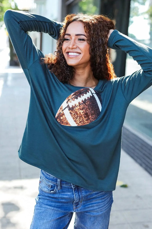 Sparkle & Cheer: Game Day Forest Green Sequin Football Terry Top-2024 Blow-Out Sale-Evelyns Fashion