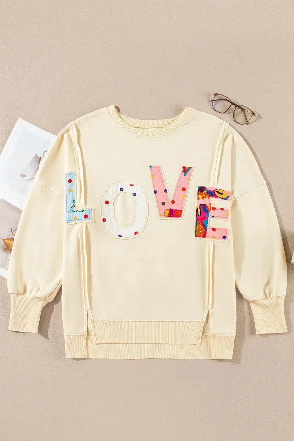 Spread the Warmth: LOVE Patch Round Neck Sweater-Apparel & Accessories-Evelyns Fashion