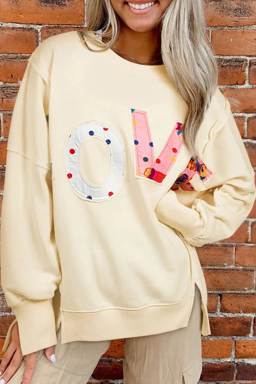 Spread the Warmth: LOVE Patch Round Neck Sweater-Apparel & Accessories-Evelyns Fashion