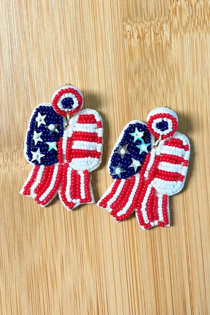 Stars & Stripes Bow Beaded Earrings-2024 Blow-Out Sale-Evelyns Fashion