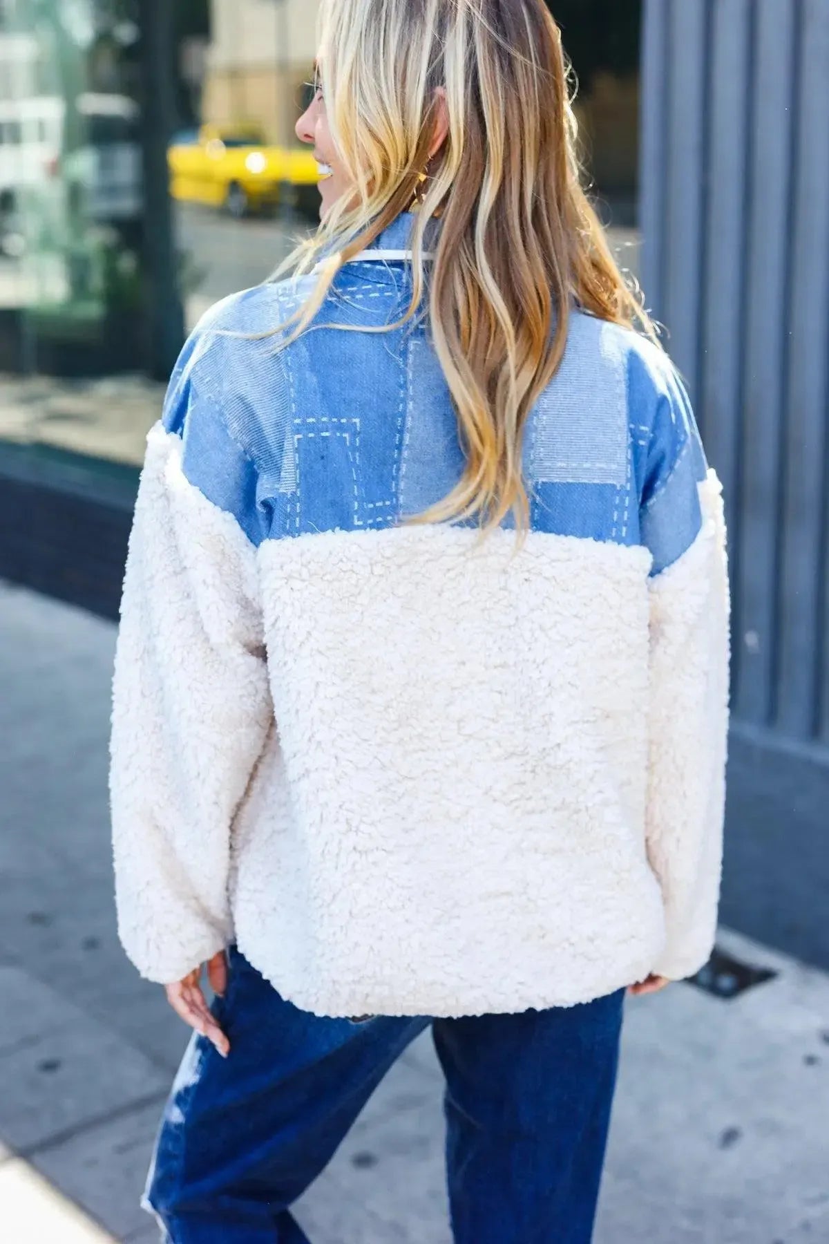 Stay Cozy: Good Vibes Denim & Ivory Patchwork Sherpa Pullover-2024 Blow-Out Sale-Evelyns Fashion