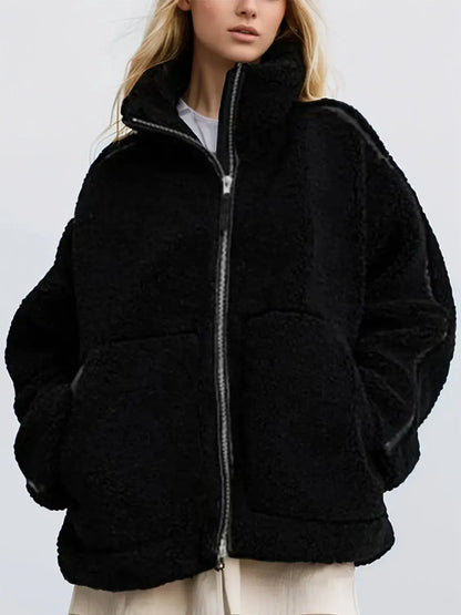 Stay Warm in Style: Zip Up Turtleneck Plush Jacket-Apparel & Accessories-Evelyns Fashion