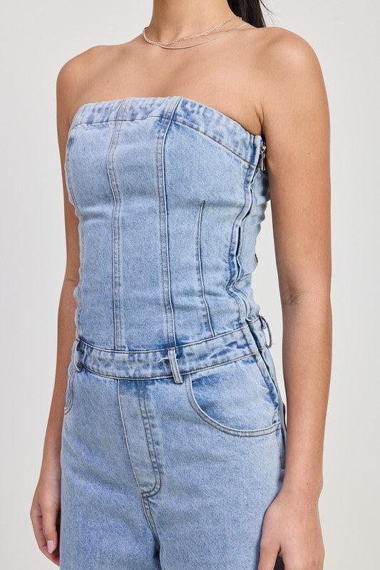 Strapless Denim Jumpsuit-Jumpsuits-Evelyns Fashion