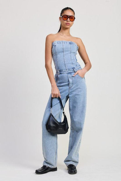 Strapless Denim Jumpsuit-Jumpsuits-Evelyns Fashion