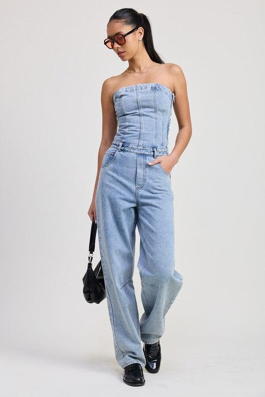 Strapless Denim Jumpsuit-Jumpsuits-Evelyns Fashion
