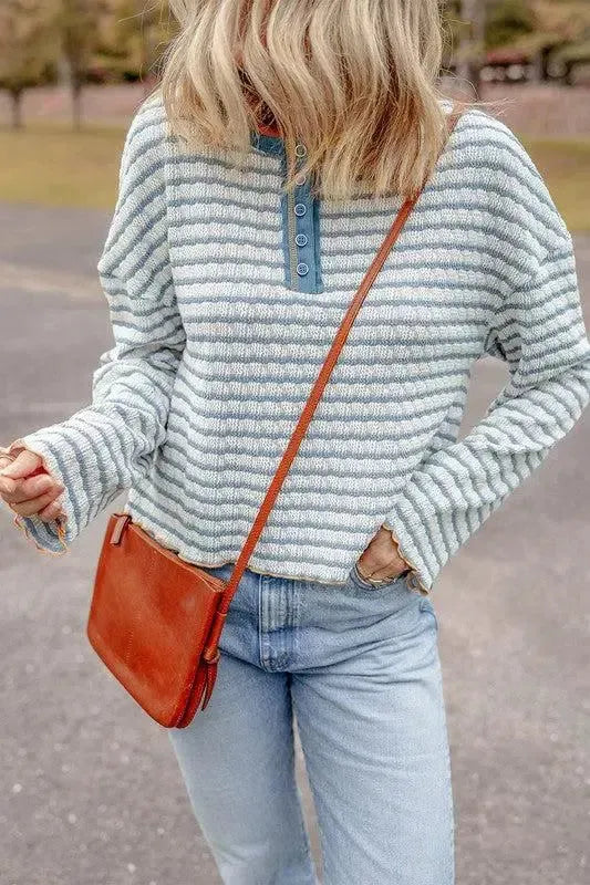 Stripe Textured Long Sleeve Henley Top-long sleeve-Evelyns Fashion