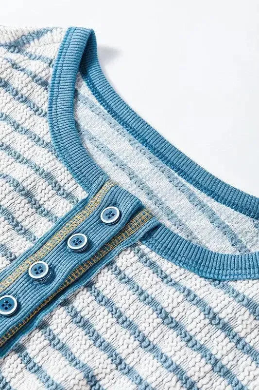 Stripe Textured Long Sleeve Henley Top-long sleeve-Evelyns Fashion