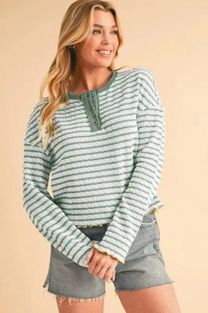 Stripe Textured Long Sleeve Henley Top-long sleeve-Evelyns Fashion
