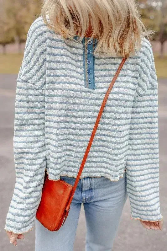 Stripe Textured Long Sleeve Henley Top-long sleeve-Evelyns Fashion