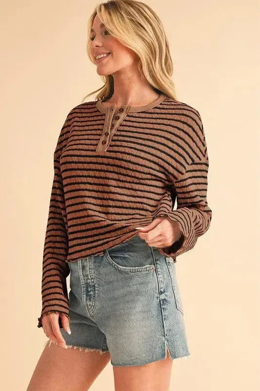 Stripe Textured Long Sleeve Henley Top-long sleeve-Evelyns Fashion