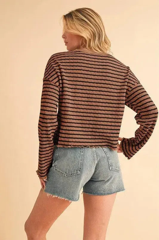 Stripe Textured Long Sleeve Henley Top-long sleeve-Evelyns Fashion