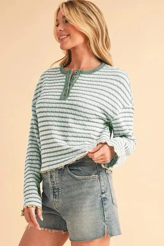 Stripe Textured Long Sleeve Henley Top-long sleeve-Evelyns Fashion