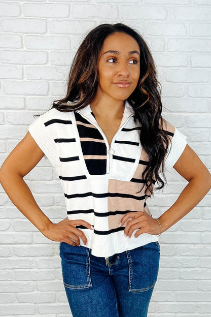 Striped Quarter Zip Vest-Womens-Evelyns Fashion
