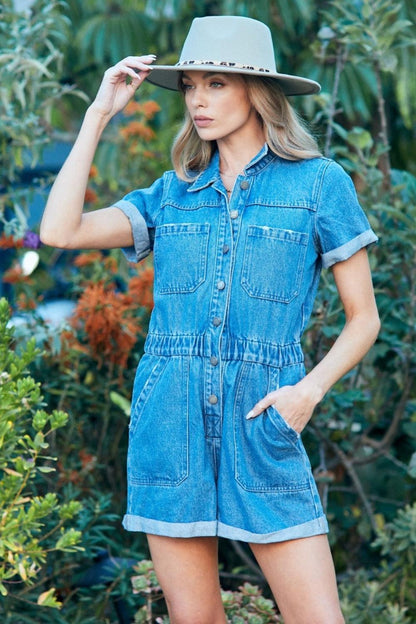 Stylish Comfort: Veveret Elastic Waistband Denim Romper-Rompers-Evelyns Fashion