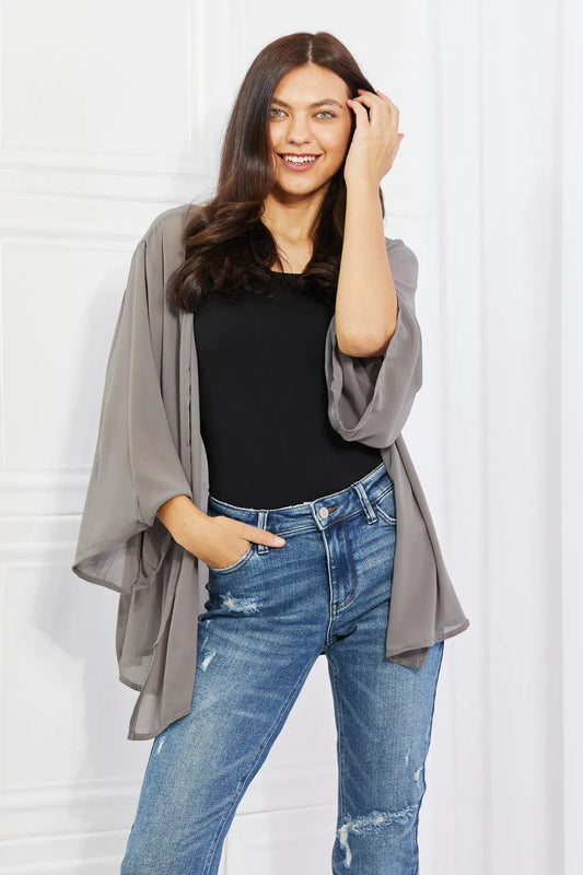 Stylish Full-Size Grey Chiffon Kimono-Apparel & Accessories-Evelyns Fashion