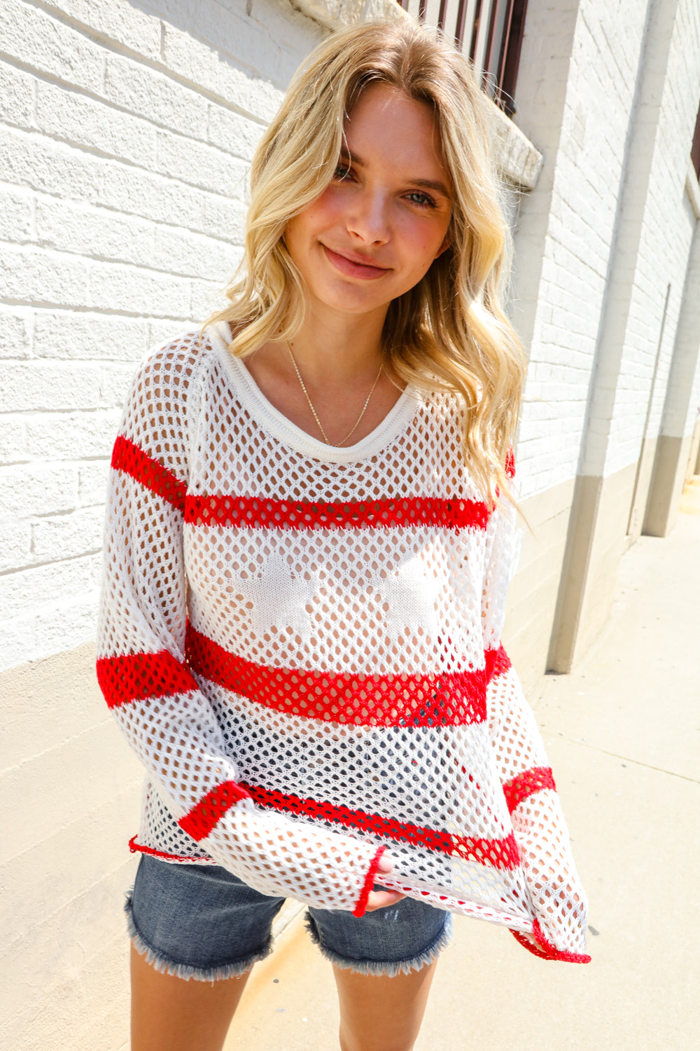 Stylish Red Stripe Crochet Netted Pullover-Sweaters-Evelyns Fashion