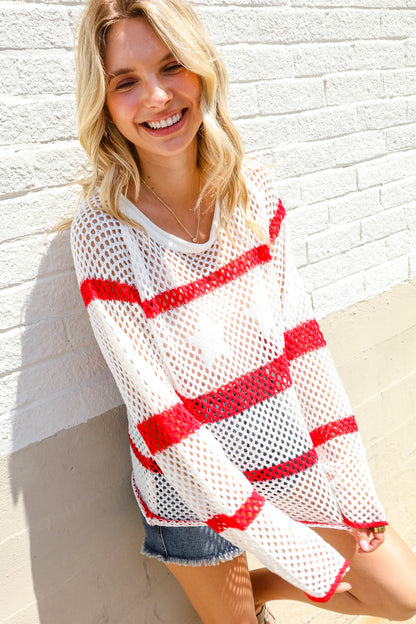 Stylish Red Stripe Crochet Netted Pullover-Sweaters-Evelyns Fashion