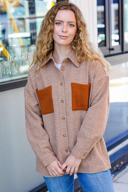 Stylish Rust Plaid Shacket: Perfect for Any Season-2024 Blow-Out Sale-Evelyns Fashion