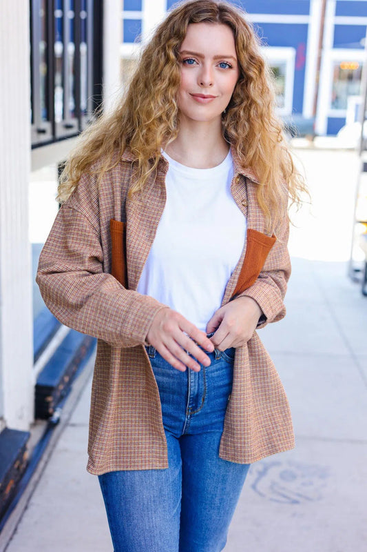 Stylish Rust Plaid Shacket: Perfect for Any Season-2024 Blow-Out Sale-Evelyns Fashion