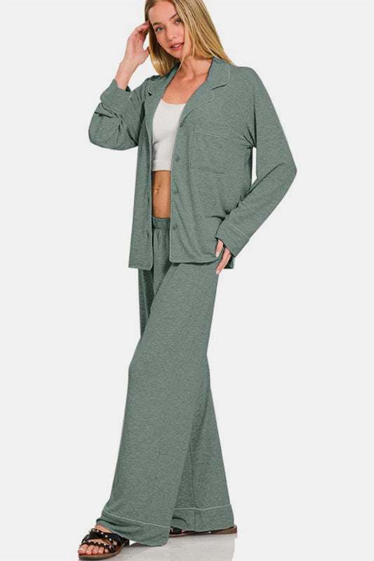 Stylish Zenana Button Down Lounge Set for Relaxation-Loungewear-Evelyns Fashion