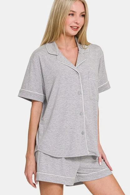 Stylish Zenana Lounge Set: Button Down Top & Shorts-Loungewear-Evelyns Fashion