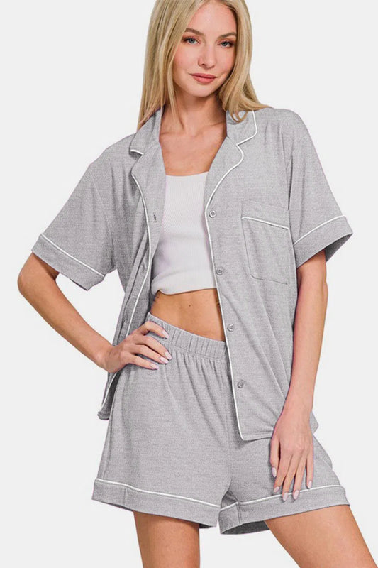 Stylish Zenana Lounge Set: Button Down Top & Shorts-Loungewear-Evelyns Fashion