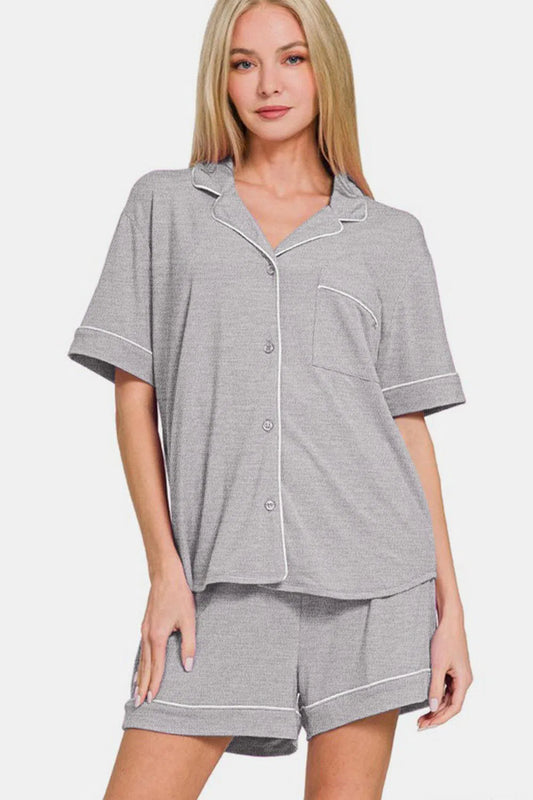Stylish Zenana Lounge Set: Button Down Top & Shorts-Loungewear-Evelyns Fashion