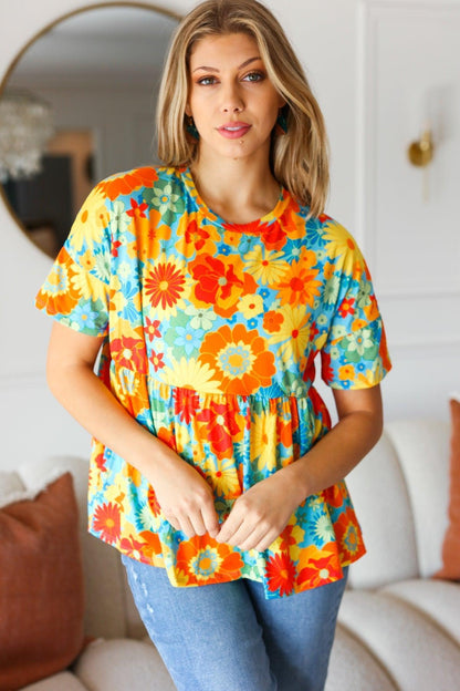 Sunflower & Red Retro Floral Babydoll Top-Short Sleeve Blouse-Evelyns Fashion