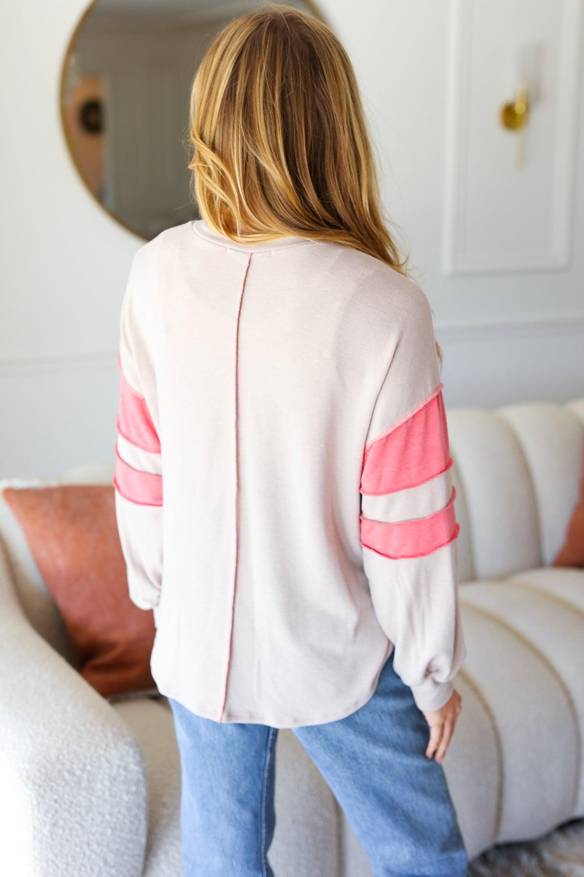 Taupe & Coral Stripe Terry Top-Long Sleeve Blouse-Evelyns Fashion
