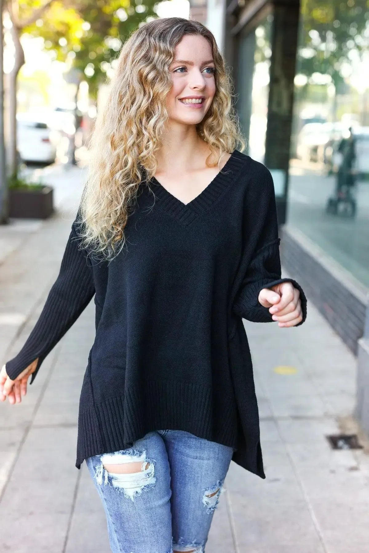 Timeless Comfort: Black Oversized V-Neck Rib Knit Sweater-Sweaters-Evelyns Fashion