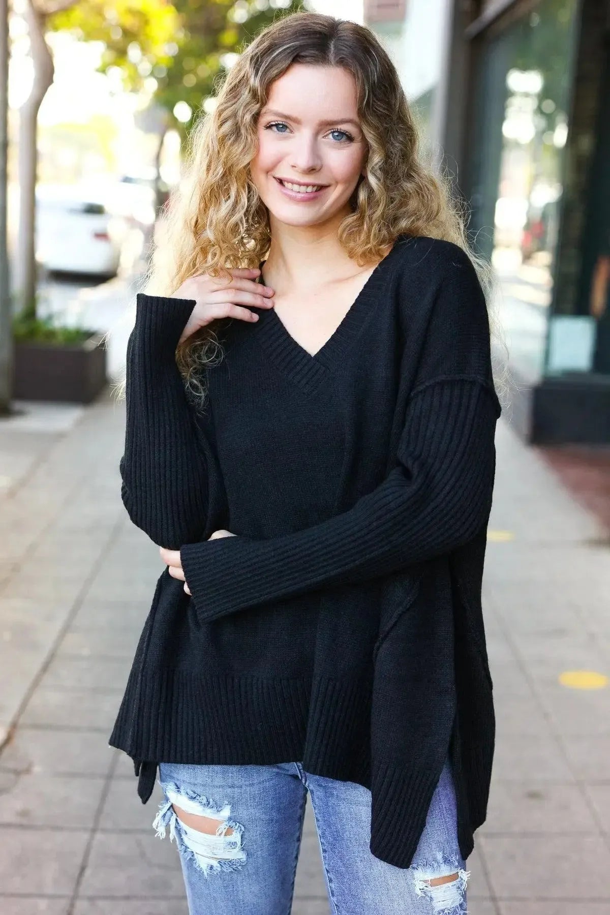 Timeless Comfort: Black Oversized V-Neck Rib Knit Sweater-Sweaters-Evelyns Fashion