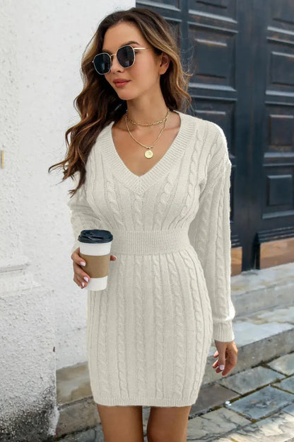 Timeless Comfort: Cozy Cable-Knit V-Neck Sweater Dress-Apparel & Accessories-Evelyns Fashion
