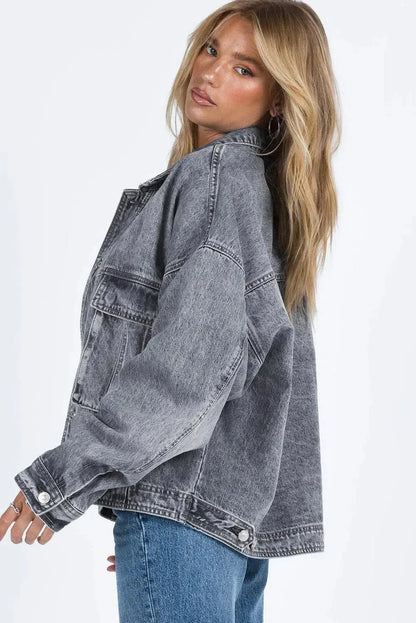 Timeless Style: Collared Neck Button Up Denim Jacket-Denim-Evelyns Fashion