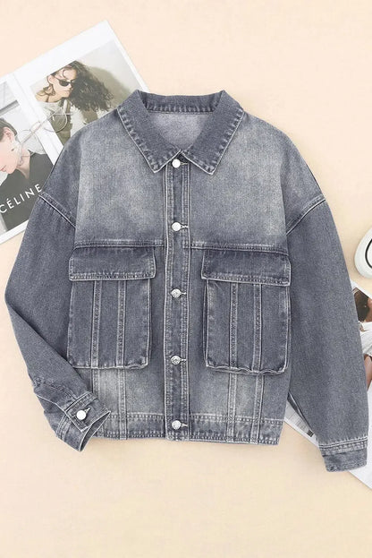 Timeless Style: Collared Neck Button Up Denim Jacket-Denim-Evelyns Fashion