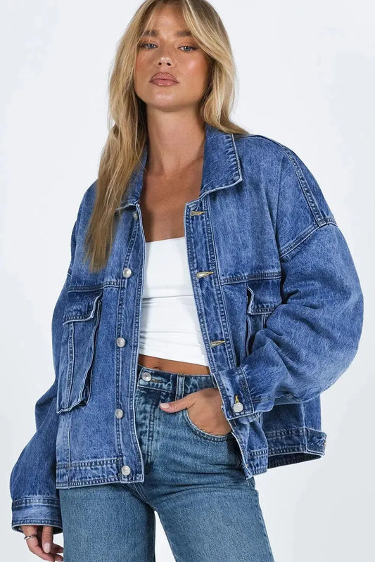 Timeless Style: Collared Neck Button Up Denim Jacket-Denim-Evelyns Fashion