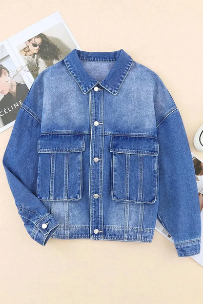 Timeless Style: Collared Neck Button Up Denim Jacket-Denim-Evelyns Fashion