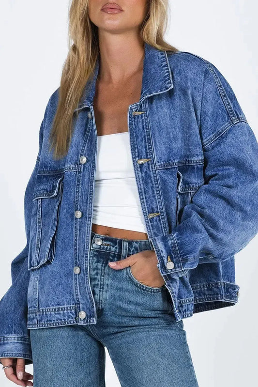 Timeless Style: Collared Neck Button Up Denim Jacket-Denim-Evelyns Fashion
