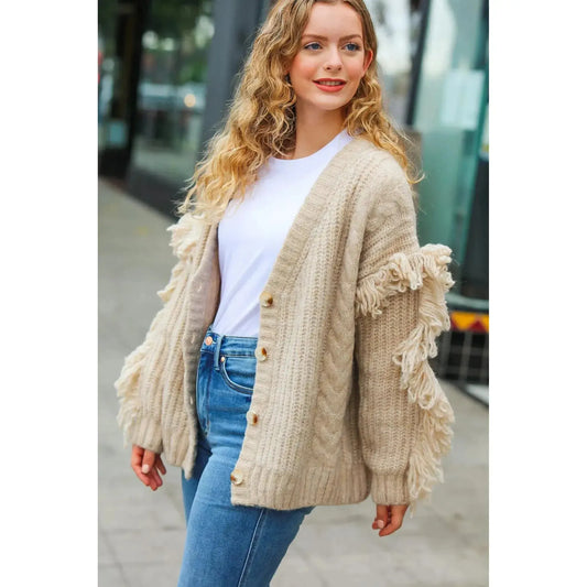 Timeless with a Twist: Fringe Cable Cardigan-2024 Blow-Out Sale-Evelyns Fashion