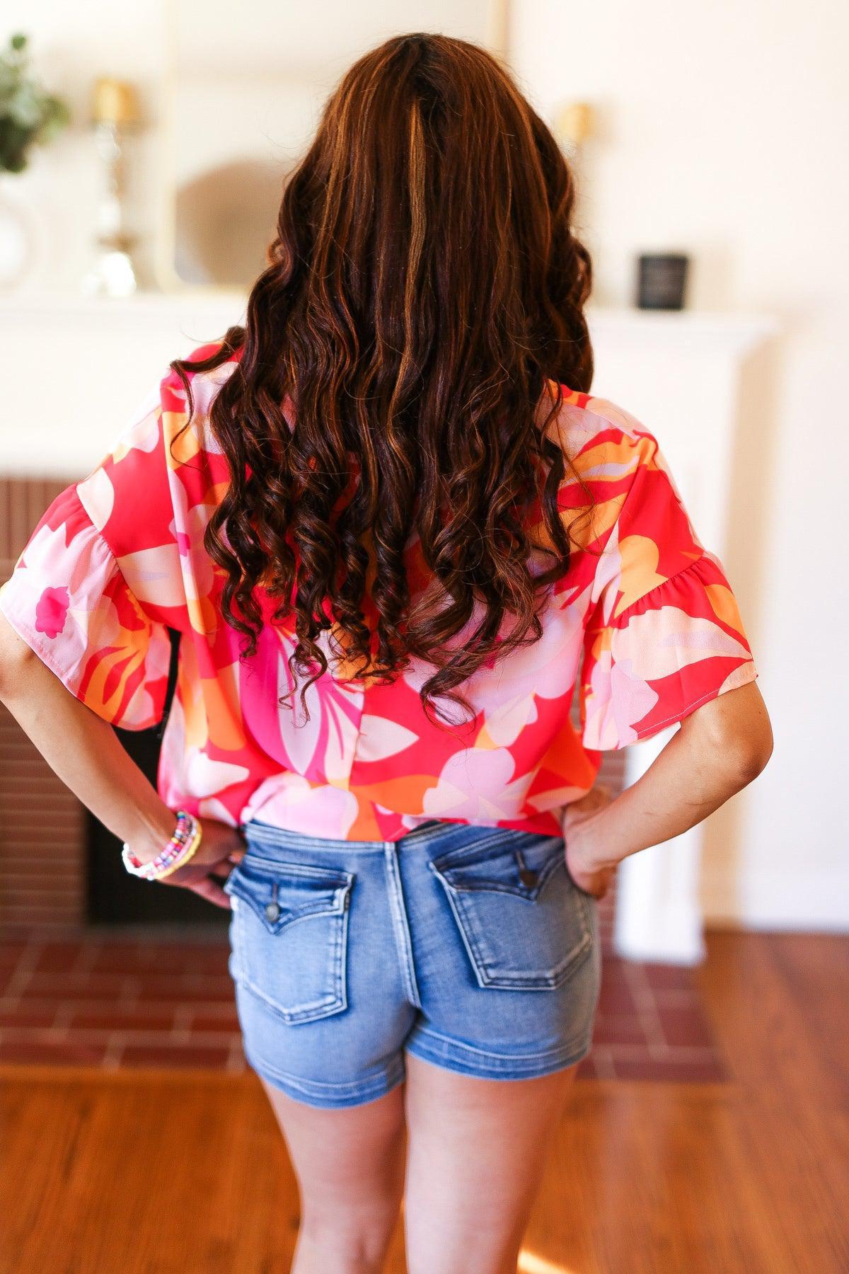 Tropical Vibes Peach Floral Dolman Ruffle Frill Sleeve Blouse-2024 Summer Blow Out Sale-Evelyns Fashion