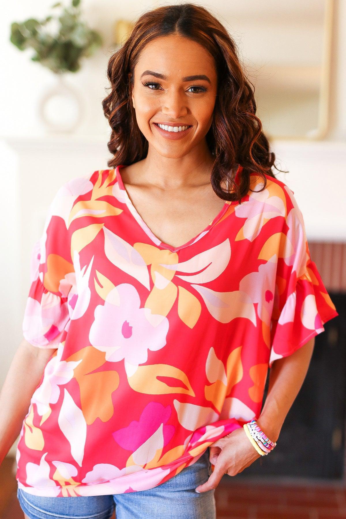 Tropical Vibes Peach Floral Dolman Ruffle Frill Sleeve Blouse-2024 Summer Blow Out Sale-Evelyns Fashion