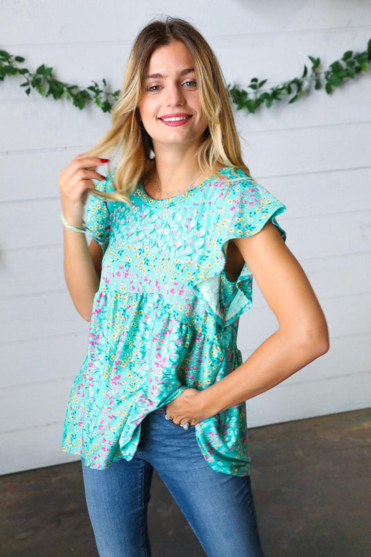 Turquoise Floral Stripe Babydoll Top-Dresses-Evelyns Fashion